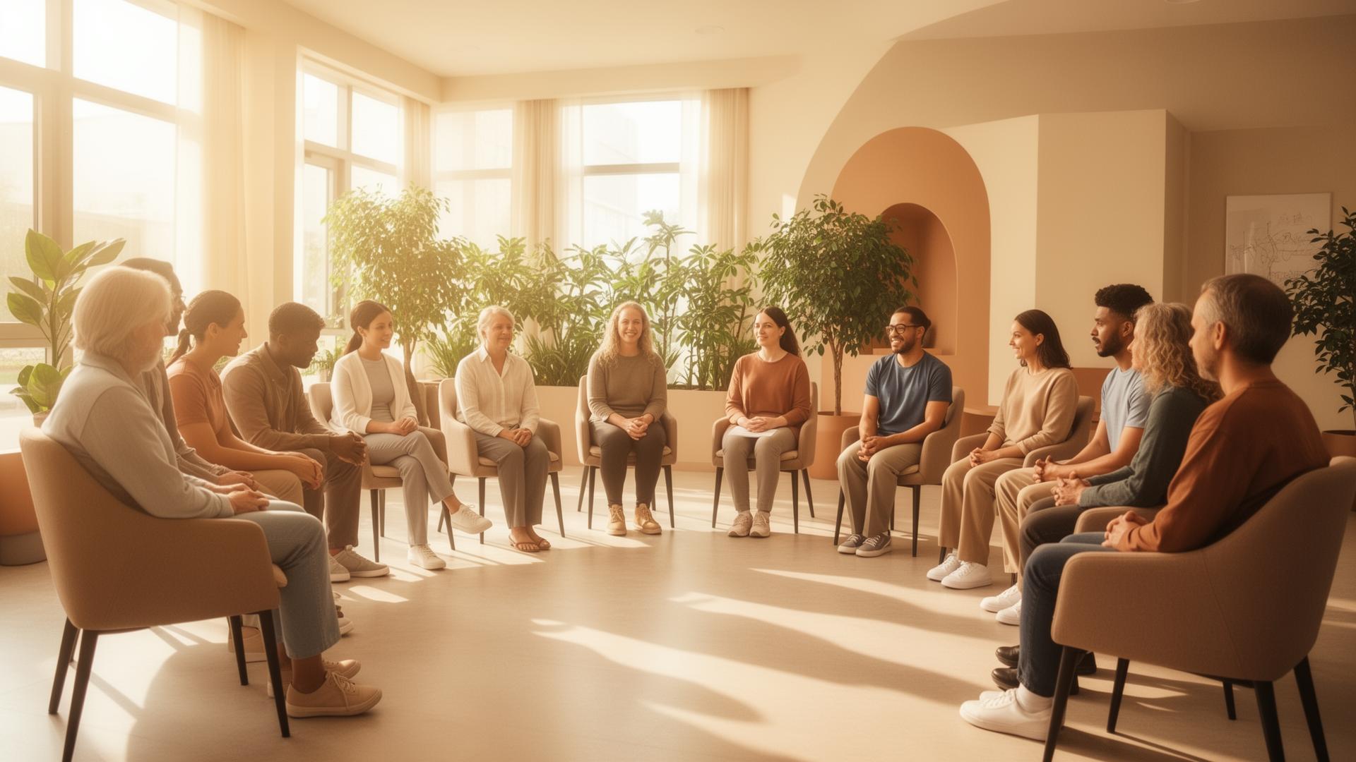 Supportive group therapy session in a bright rehabilitation center